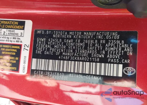 2010 Toyota Camry Se/Le/Xle из США, поврежденный, VIN 4T4BF3EK8AR021158